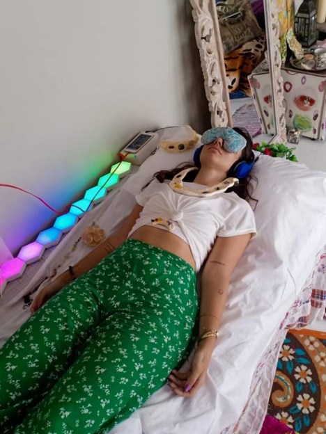 Using the 3rd Eye Opening Crystal Eyemask. Other items not included in the Online Journey but are available in the in-person journey in Ubud.